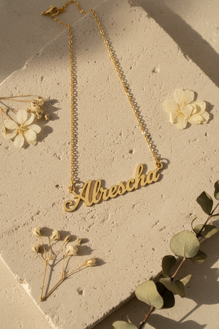 Written in Gold - Alrescha Name Necklace on sand