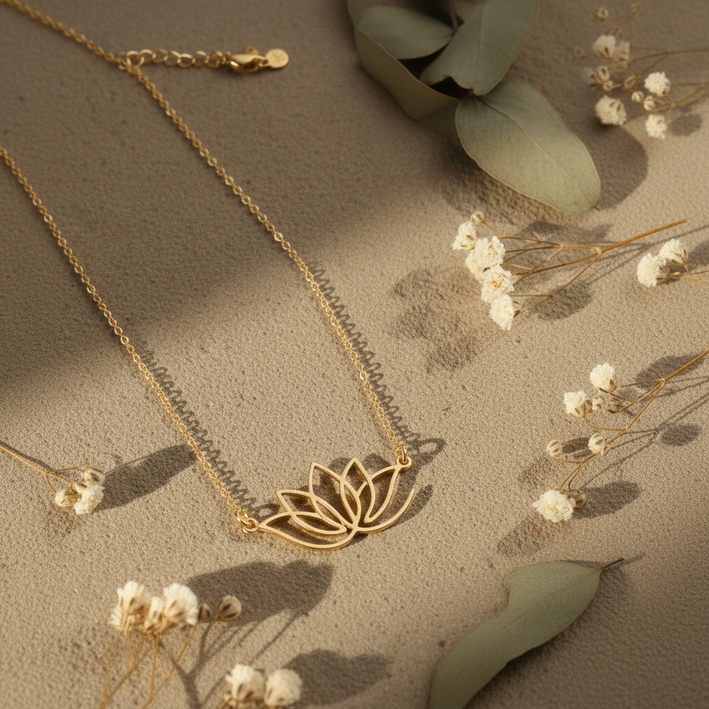 18K gold vermeil lotus pendant flat lay on linen with dried white flowers and eucalyptus