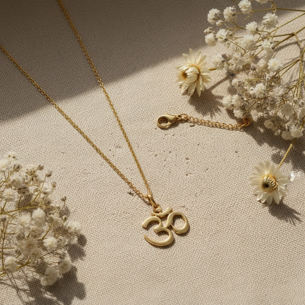 18K gold vermeil Om pendant flat lay on linen with dried white flowers