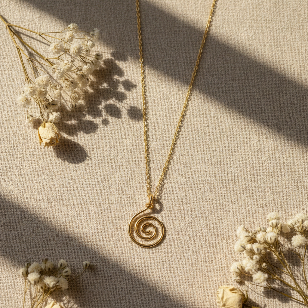 18K gold vermeil spiral pendant flat lay on linen with dried white flowers