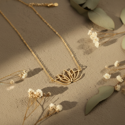 Close up of 18K gold vermeil lotus pendant on sandy stone with dried flowers