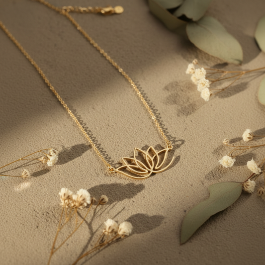 Close up of 18K gold vermeil lotus pendant on sandy stone with dried flowers