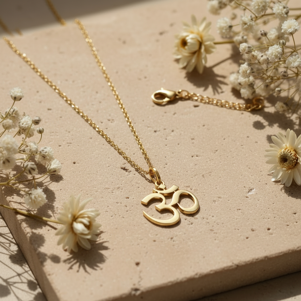 Close up of 18K gold vermeil Om pendant on sandy stone with dried flowers